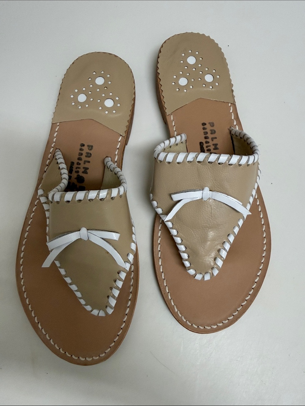 NWOT Palm Beach Sandals Beige Leather Thong Sandals with White Trim